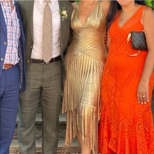 RARE Herve Leger Deep V Layered Foil Fringe Dress